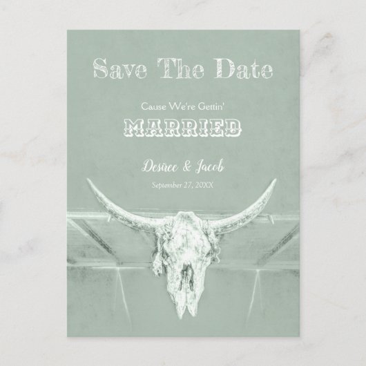 Carte Postale Rustic Western Skull Sage Vert Enregistrer La Date (Devant)