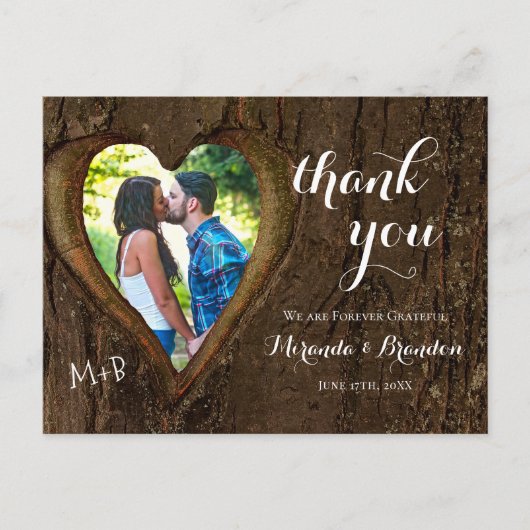 Carte Postale Rustic Wood Heart Photo Mariage Merci (Devant)