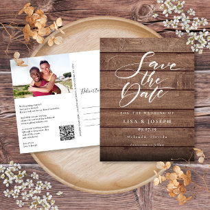 Carte Postale Rustic Wood Photo QR Code Enregistrer la date
