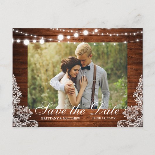 Carte Postale Rustic Wood String Lights Lace Photo Enregistrer l (Devant)