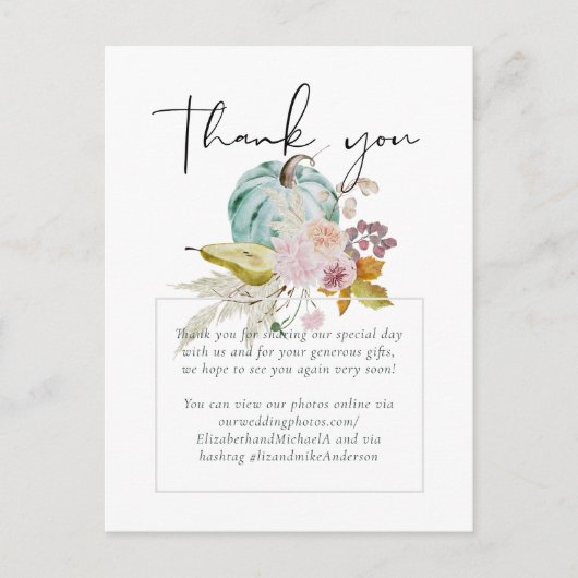 Carte Postale Rustique automne Citrouille Figs Fleurs Mariage (Devant)