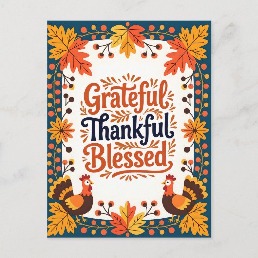 Carte Postale Rustique Automne Folk Art Grateful Merci béni (Devant)