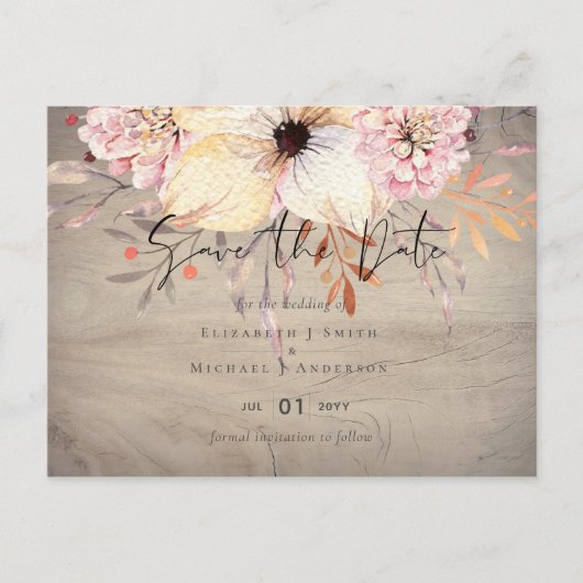 Carte Postale Rustique Blush rose Floral Mariage Sage Dates de s (Devant)