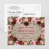 Carte Postale Rustique Burlap Bourgogne Blush Rose Floral Date d (Devant / Derrière)