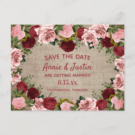Carte Postale Rustique Burlap Bourgogne Blush Rose Floral Date d (Devant)