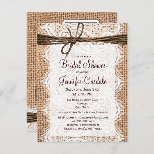 Carte postale Rustique Burlap Bridal Show Invitati (Devant / Derrière)