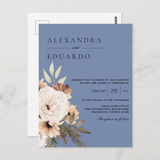 Carte Postale Rustique Dusty Blue et Boho Fleur sauvage Mariage (Devant / Derrière)