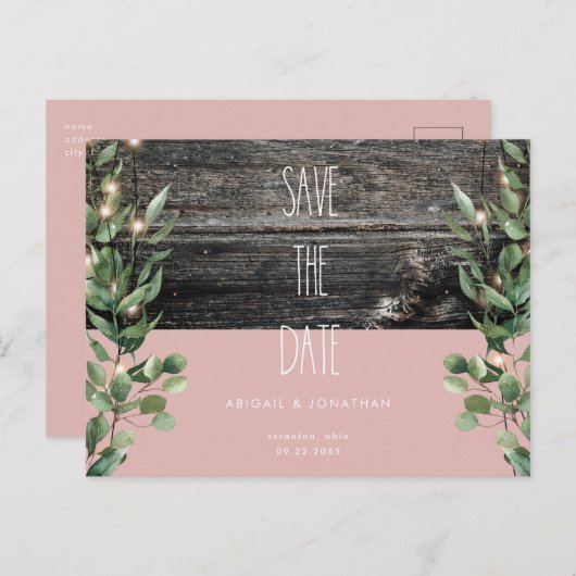 Carte Postale Rustique Dusty Rose Foliage Mariage Enregistrer la (Devant / Derrière)