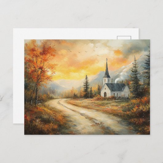 Carte Postale Rustique église d'automne aquarelle peinture (Devant / Derrière)