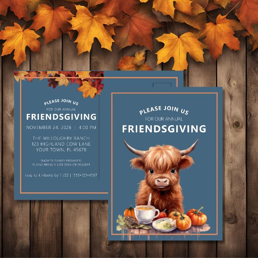 Carte postale Rustique Highland Cow Friendsgiving 