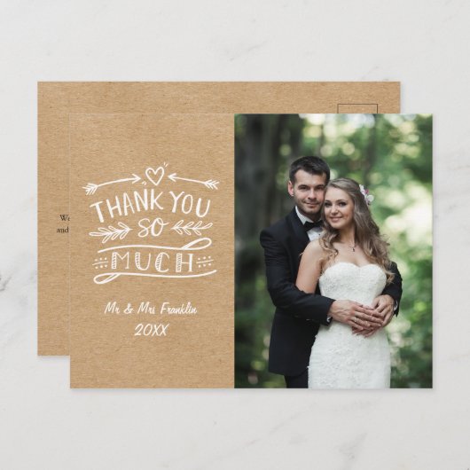 Carte Postale Rustique Kraft Boho Mariage Photo Merci Postcard (Devant / Derrière)