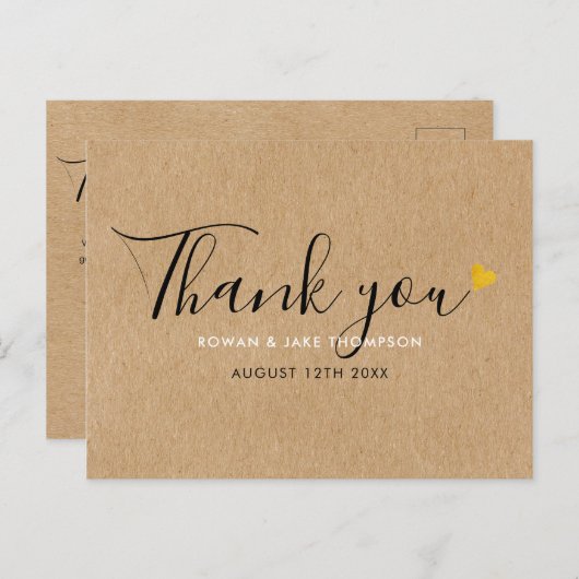 Carte Postale Rustique Kraft Élégant Script Gold Heart Merci (Devant / Derrière)