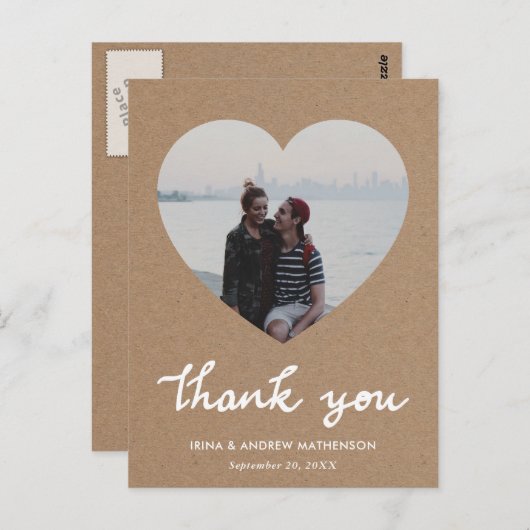 Carte Postale Rustique Kraft Merci de papier Script Photo Coeur (Devant / Derrière)