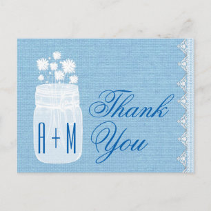 Carte Postale Rustique Mason Jar et Fleurs Merci Bleu A29