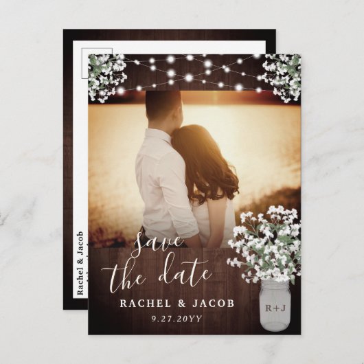 Carte Postale Rustique Mason Jar illuminent mariage Enregistrer  (Devant / Derrière)