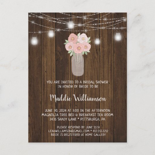 Carte Postale Rustique Mason Jar Lumières florales Fête des mari (Devant)