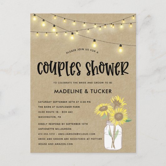 Carte Postale Rustique Mason Jar Sunflower Lumières Couples Douc (Devant)