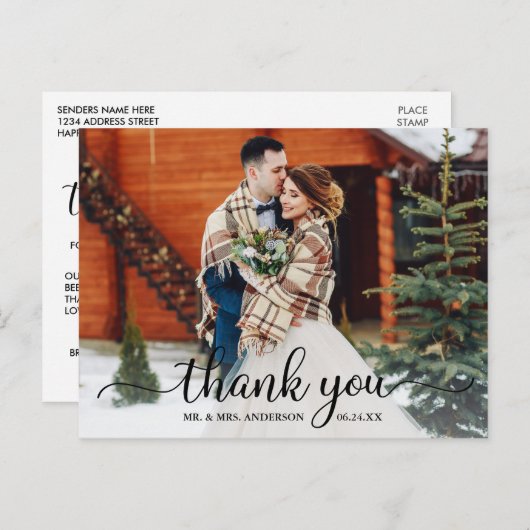 Carte Postale Rustique moderne calligraphie Script Merci Mariage (Devant / Derrière)