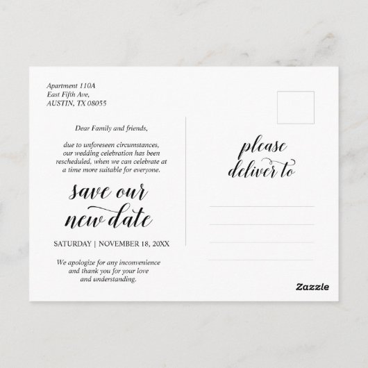 Carte Postale Rustique moderne, Faire-part de mariage reporté (Dos)