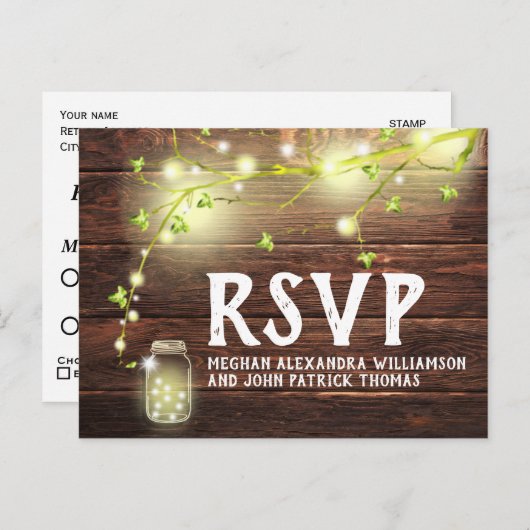 Carte Postale Rustique Pays Bois Mason Jar Lumières RSVP (Devant / Derrière)