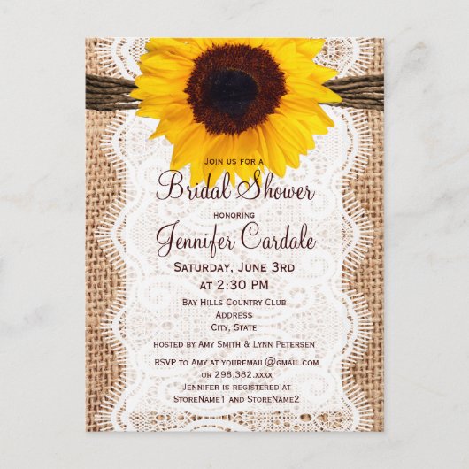 Carte Postale Rustique Tournesol Bridal (Devant)