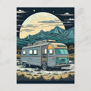 Carte Postale RV vintage dans les montagnes avec Pleine lune