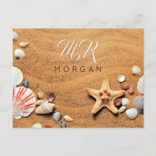 Carte Postale Sable & Coques de mer, Nom & Monogramme, Script bl (Devant)