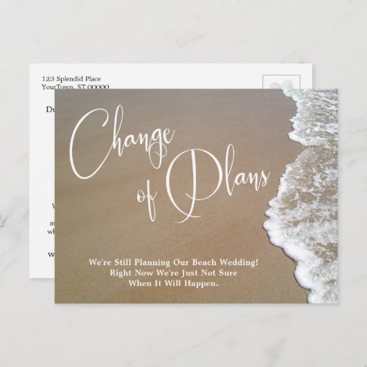 Carte Postale Sable, mousse Changement de plans reporté Mariage  (Devant / Derrière)
