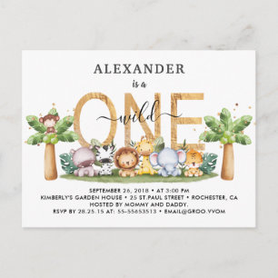 Carte Postale Safari Animaux sauvages Un 1er anniversaire Invita