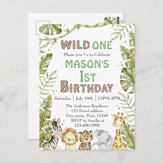 Carte Postale Safari Wild One Aquarelle 1er Anniversaire (Devant / Derrière)