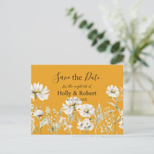 Carte Postale Saffron Yellow, Daisy Floral Wedding Save the Date (Debout devant)