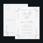 Carte Postale Sage Green Bows and Vows Wedding Save the Date<br><div class="desc">Sage Green Bows and Vows Wedding Save the Date Postcard. The fine line bow details and airy spacing create a graceful, coquette-inspired style that feels modern yet classic. With its balanced layout and soft tones, this design captures the beauty of a romantic celebration, highlighting charm, elegance, and understated sophistication. Make...</div>