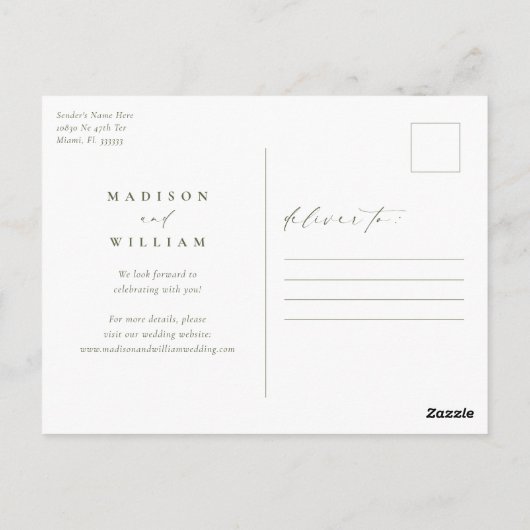 Carte Postale Sage Green Mariage Élégant Enregistrer La Date (Dos)
