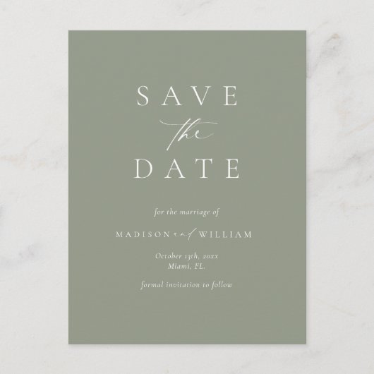 Carte Postale Sage Green Mariage Moderne Enregistrer La Date (Devant)