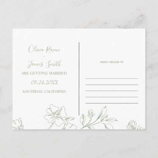 Carte Postale Sage ligne verte fleurit mariage Enregistrer la da (Dos)