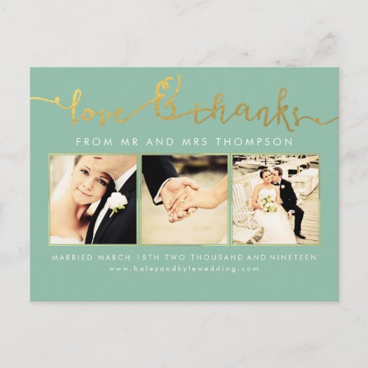 Carte Postale Sage Mint Gold Mariage Love & Thanks Script Photo (Devant)