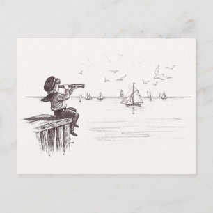 Carte Postale Sailor Boy avec Spyglass Sees Schooners