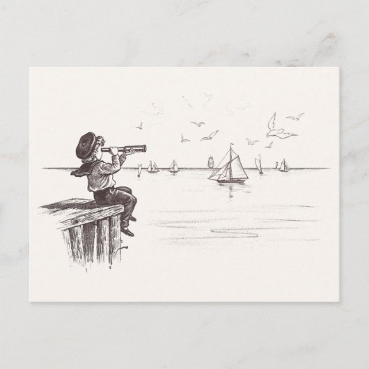 Carte Postale Sailor Boy avec Spyglass Sees Schooners (Devant)