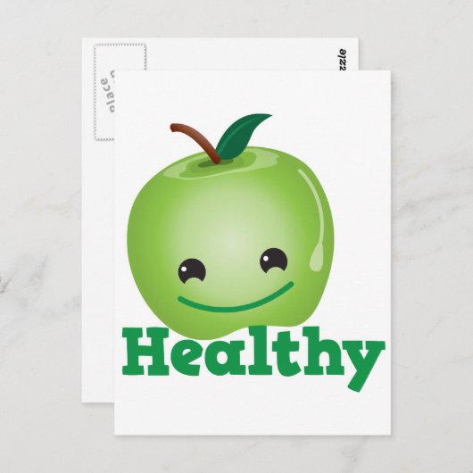 Carte Postale Sain avec pomme kawaii verte avec un visage mignon (Devant / Derrière)