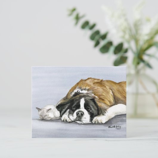 Carte postale Saint Bernard & Kitten Chien Art (Debout devant)