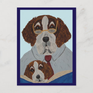 Carte Postale Saint Bernard Papa lisant à son chiot