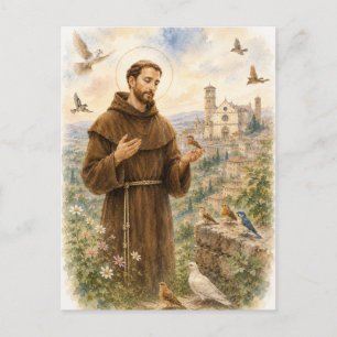 Carte Postale Saint François d'Assise oiseaux aquarelle