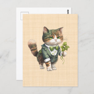 Carte Postale Saint Patrick : Chat chanceux en costume 