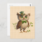 Carte Postale Saint Patrick - Chouette portant chapeau vert  (Devant / Derrière)