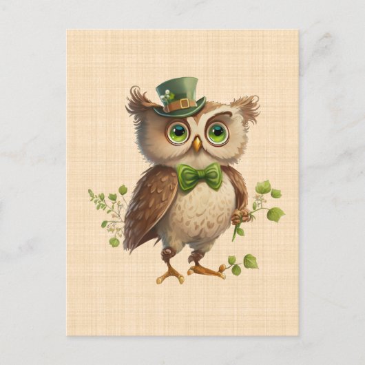 Carte Postale Saint Patrick - Chouette portant chapeau vert  (Devant)