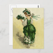 Carte Postale Saint-Patrick vintage, femme trèfles verts (Devant / Derrière)
