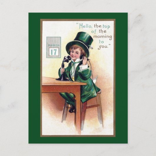 Carte Postale Saint Patrick's Day Boy sur Antique Phone (Devant)