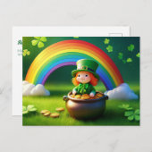 Carte Postale Saint Patrick's Day Leprechaun en Pot d'Or (Devant / Derrière)