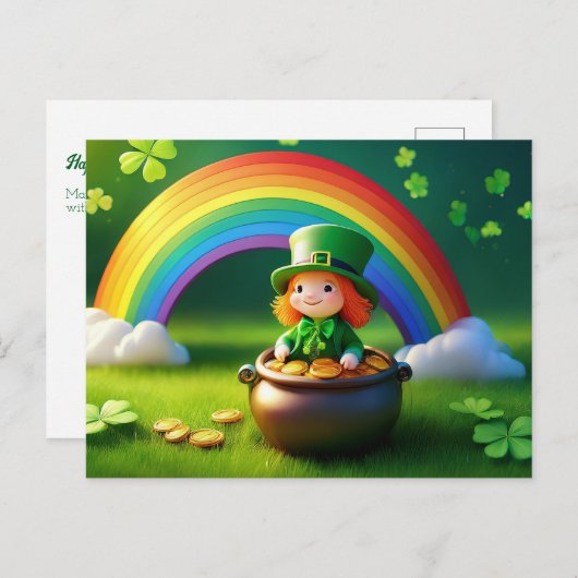 Carte Postale Saint Patrick's Day Leprechaun en Pot d'Or (Devant / Derrière)