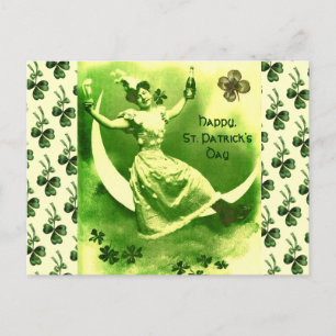 CARTE POSTALE SAINT PATRICK'S DAY LUNE LADY AVEC SHAMROCK